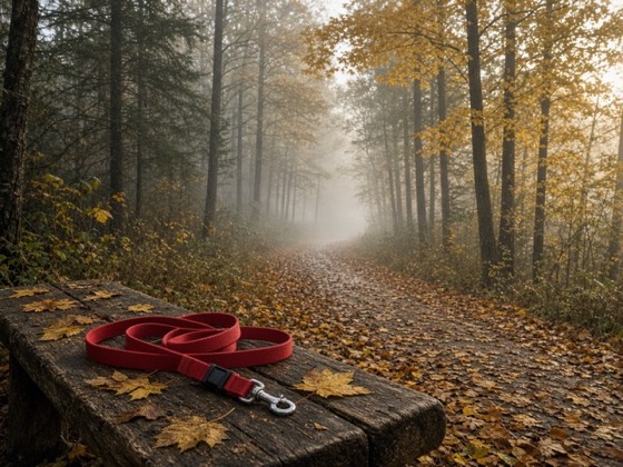 Foto: eine rote Hundeleine auf einer Holzbank im herbstlichen Wald